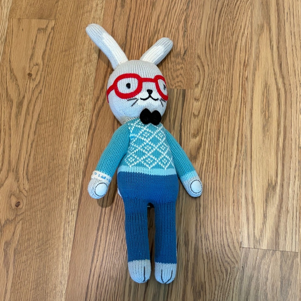 Cuddle + Kind Benedict the Rabbit Knit Plush Doll Blue Argyle Handmade Small